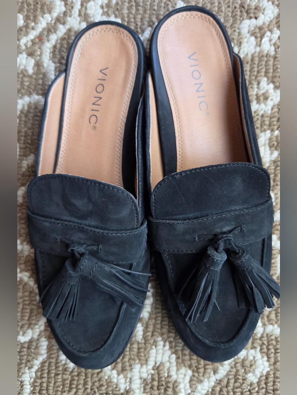 Vionic Black Suede Tassel Mules Loafers Size 9